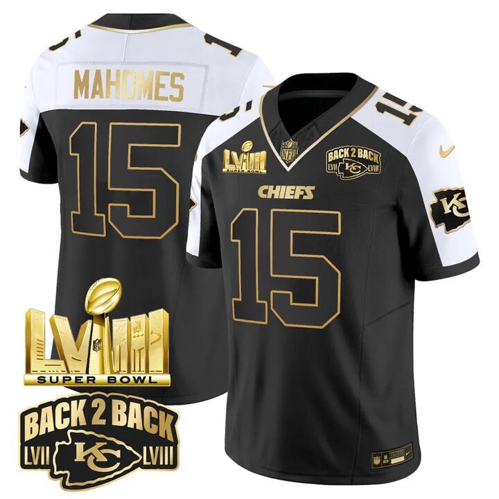 Men's Kansas City Chiefs ACTIVE PLAYER Custom Black/White 2024 F.U.S.E Super Bowl LVIII Patch With Back 2 Back Gold Patch Vapor Untouchable Limited Stitched Football Jersey
